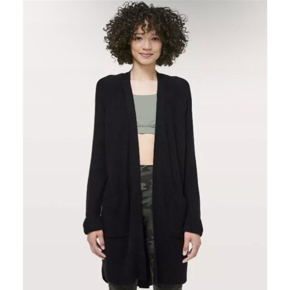 Lululemon Still At Ease Wrap Black Knit Cashlu Cardigan Athleisure Size 12 NWT